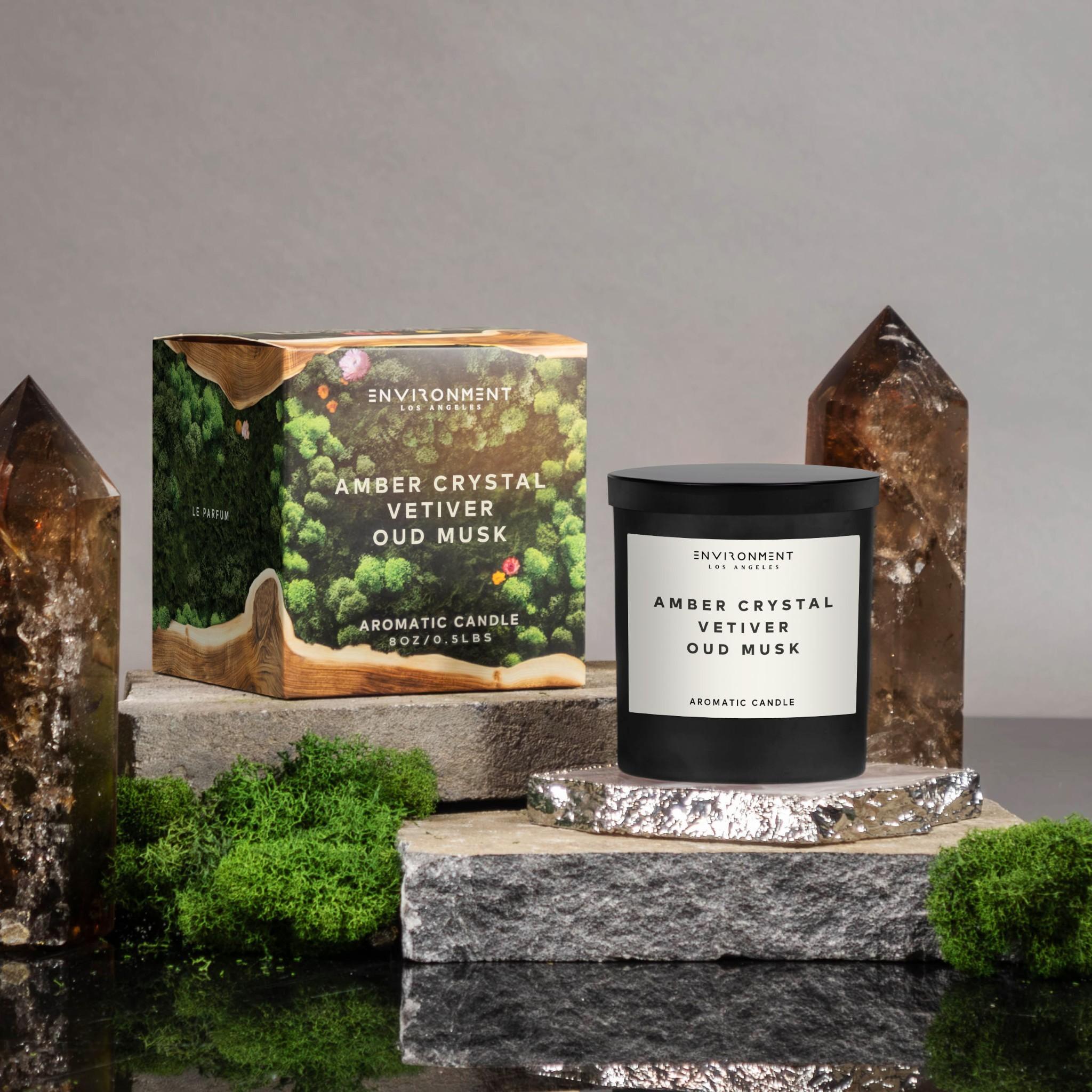 8oz Amber Crystal | Vetiver | Oud Musk Candle with Lid and Box (Inspired by Baccarat Rouge 540®)