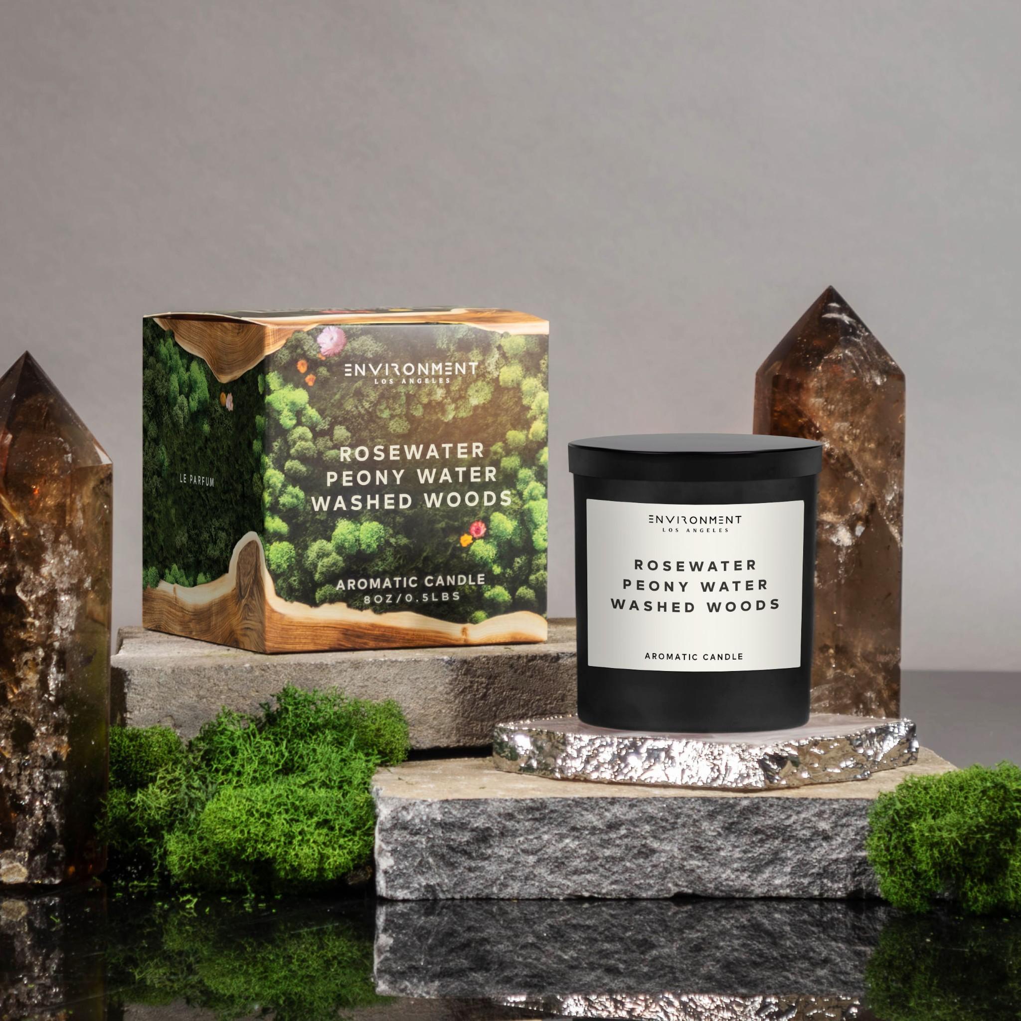 8oz Rosewater | Peony Water | Washed Woods Candle with Lid and Box (Inspired by Issey Miyake L'Eau d'Issey®)
