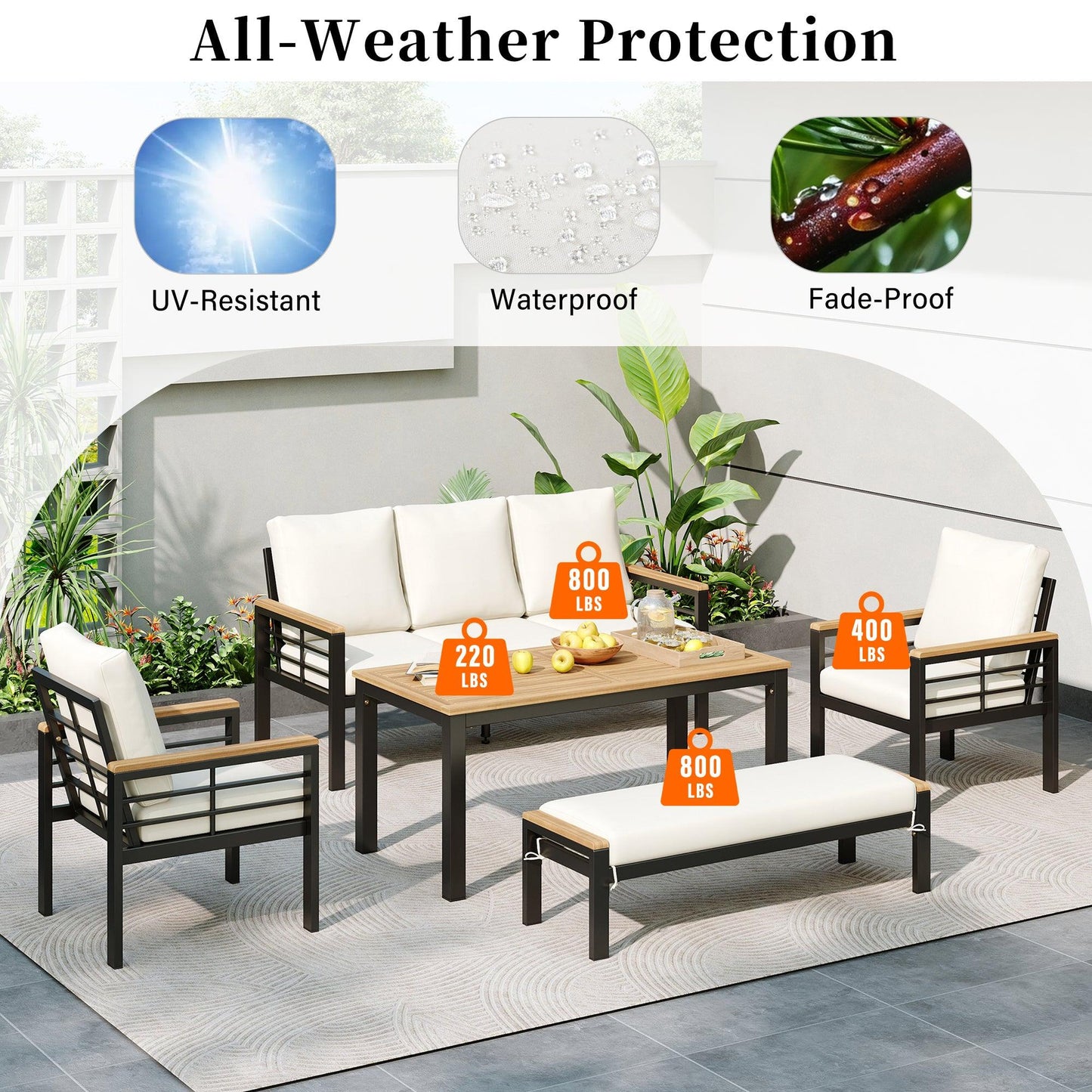 5 Pieces Outdoor Patio Conversation Set with 3-Seat Sofa, Cushions for Backyard, Poolside, Garden