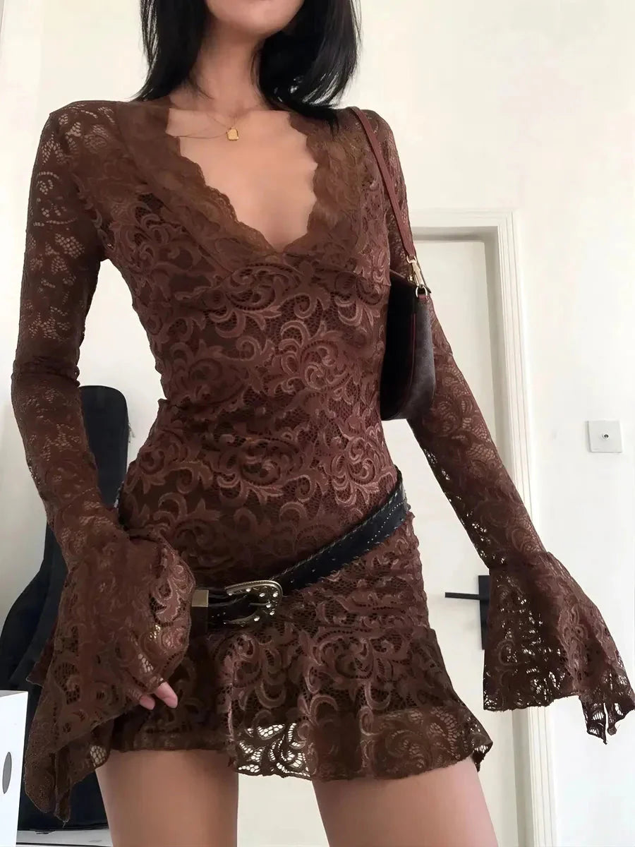 'Cinnamon' Lace Fabric See Through Dress