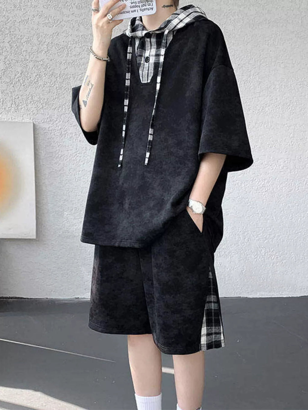 Men's Plus Size Tie-Dye Plaid Patchwork Hoodie and Shorts Set featuring a black and plaid design.