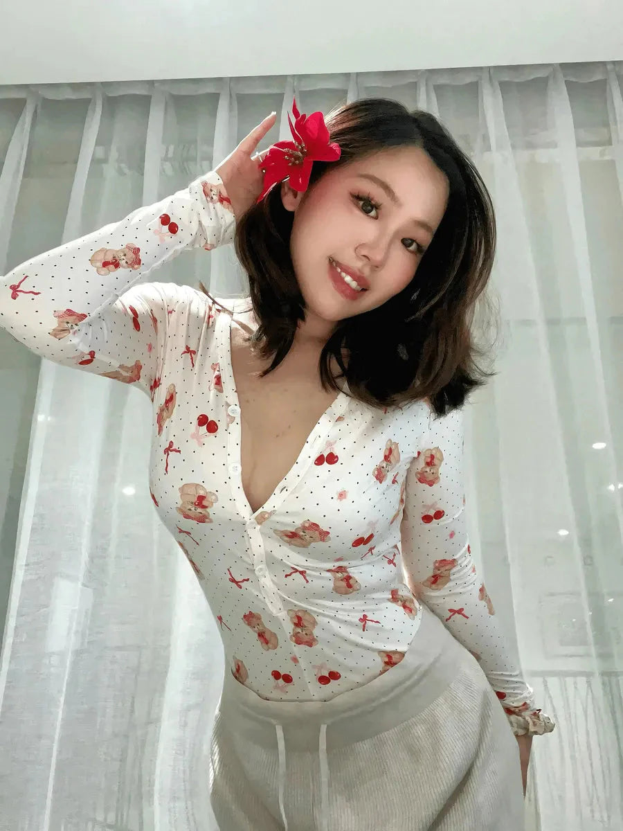 'Cherry Bear' Coquette Kawaii Bear Print Loungewear Bodysuit