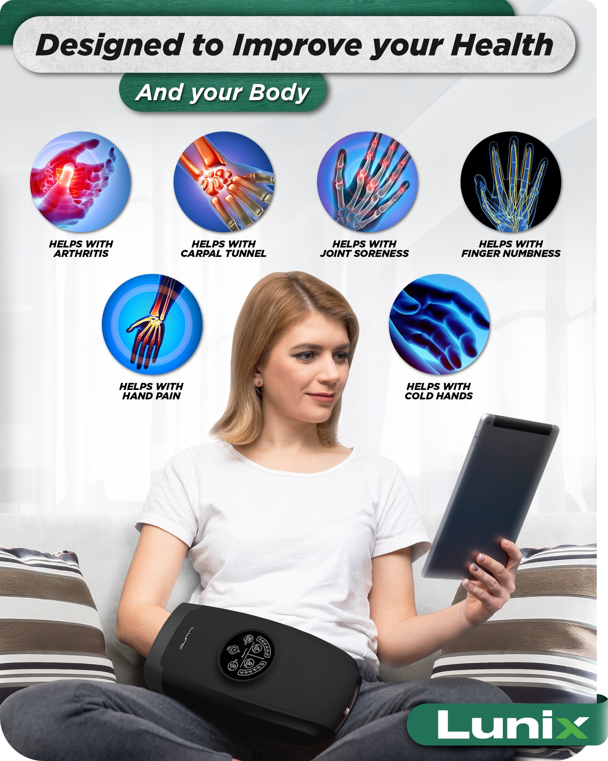 LX3 Carpal Tunnel & Wrist Pain Relief Device, Heated Air Compression Hand Massager, Charcoal Black