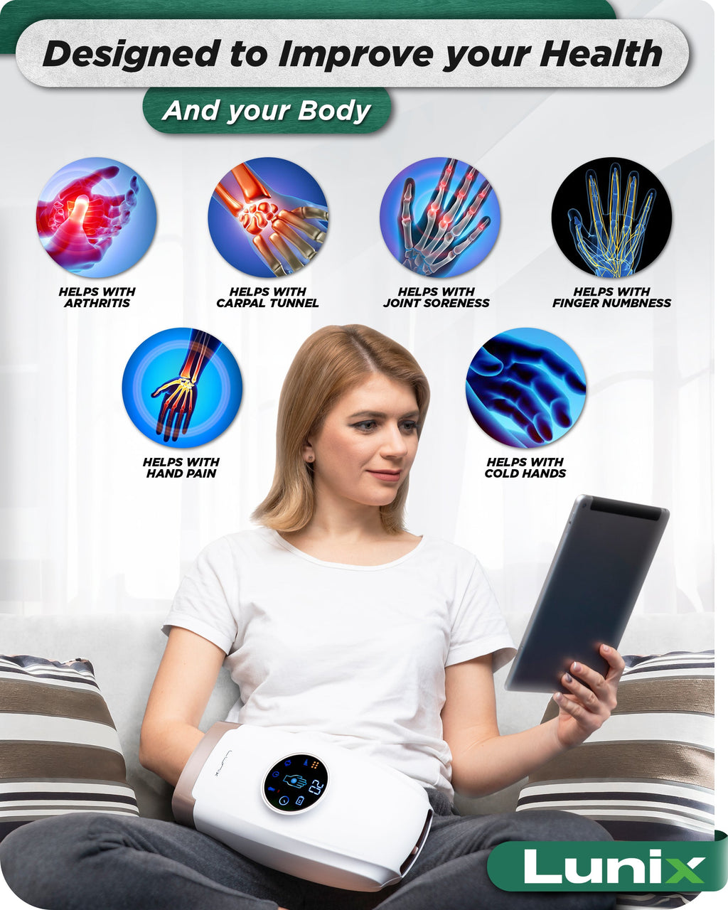 LX7 LCD Touchscreen Hand Massager, Heated Air Compression, Lunar White