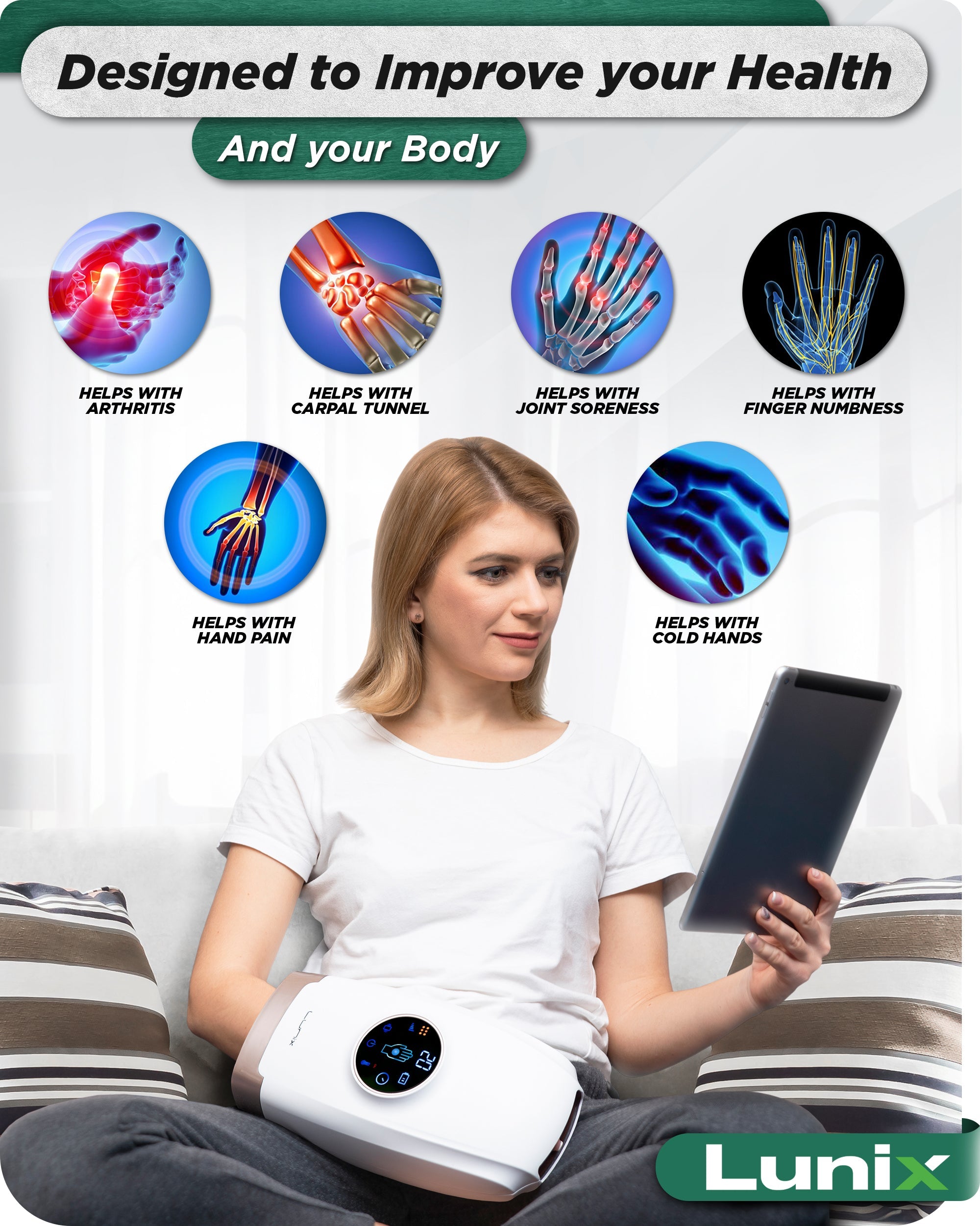 LX7 LCD Touchscreen Hand Massager, Heated Air Compression, Lunar White