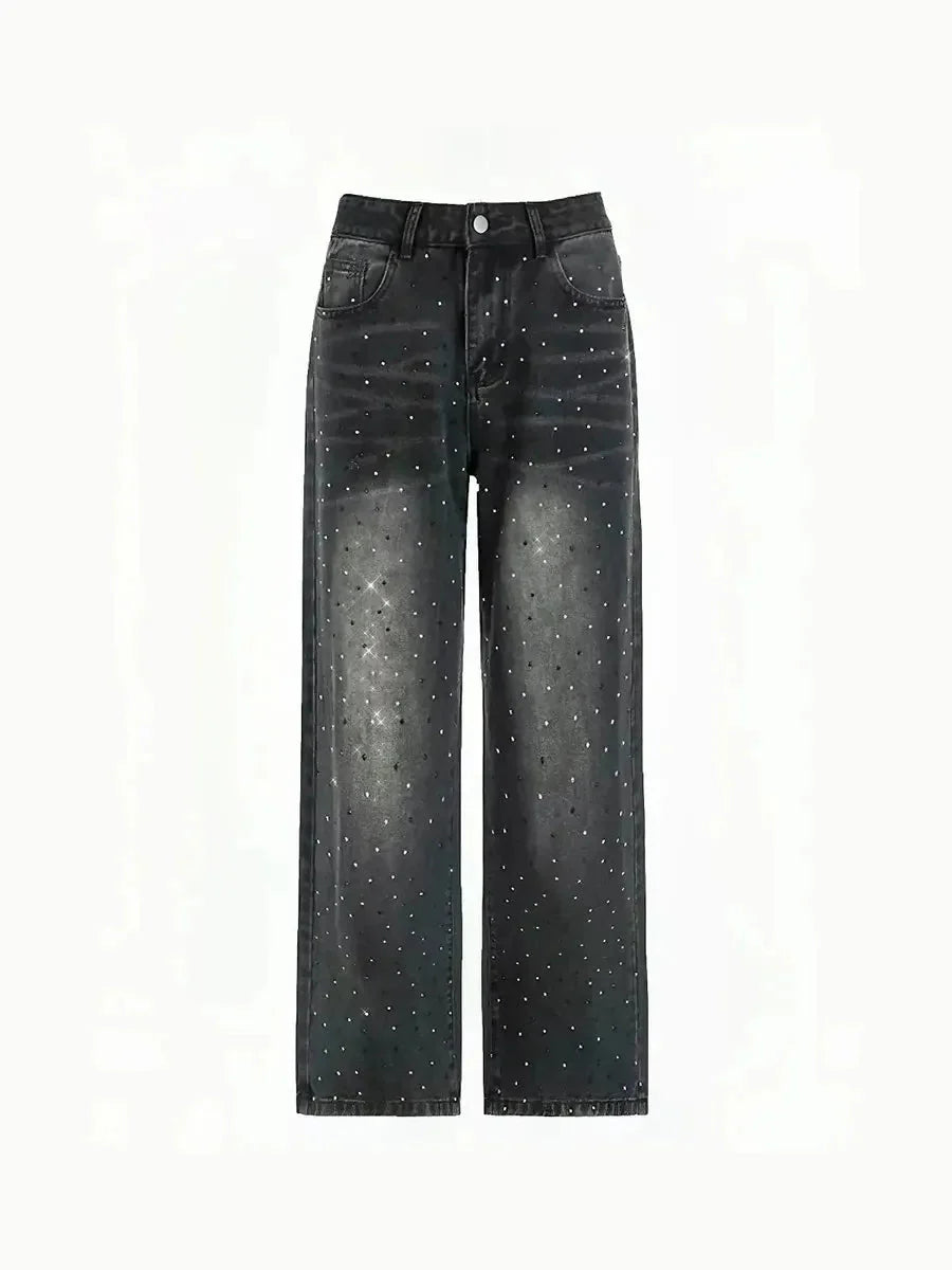 'Diamond Glaze' Shinning Rhinestone Oversized Denim Pants