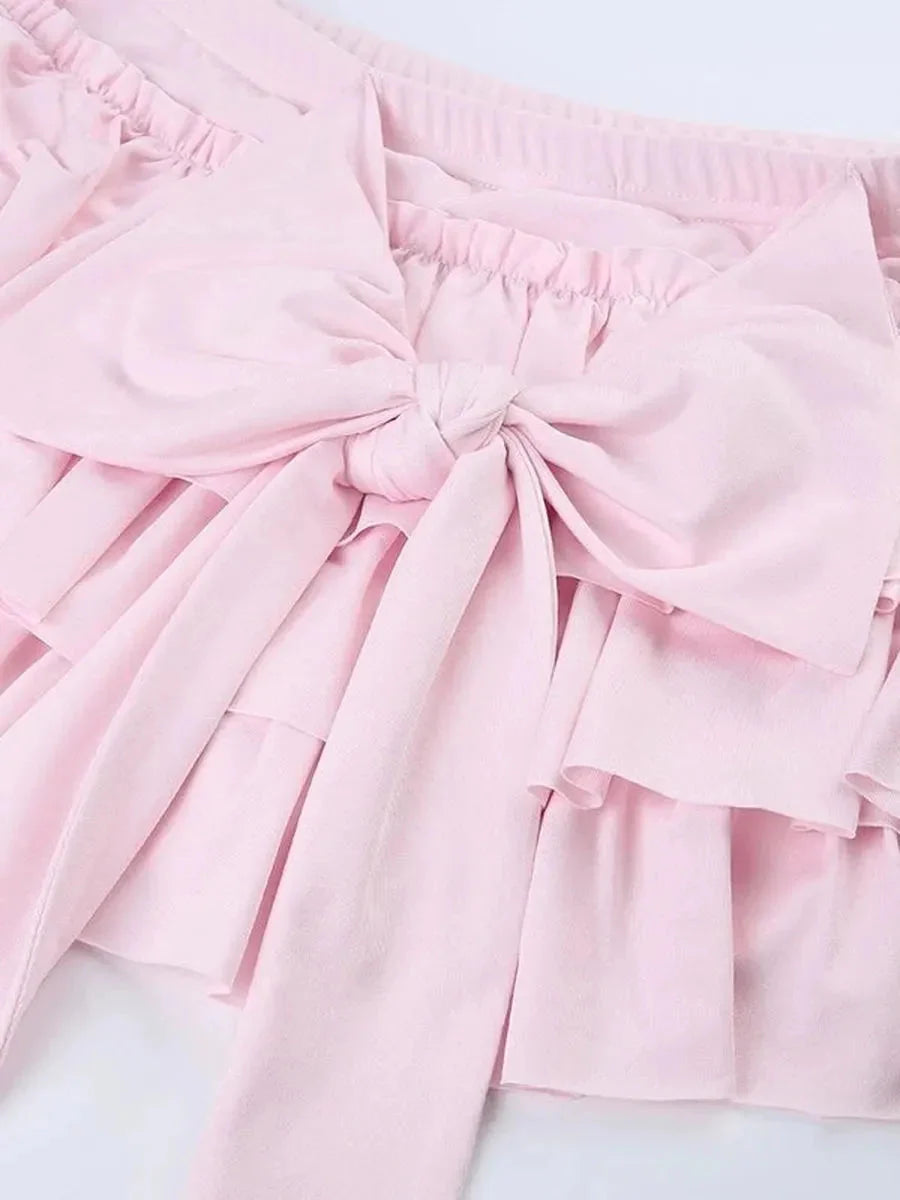 'Desserts' Coquette Ribbon Pink Ruffled Mini Skort