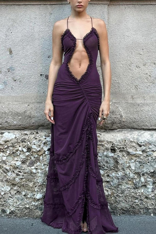 Sexy slight stretch solid color mesh sling slit maxi dress