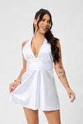 Sexy non-stretch solid color satin deep v halter-neck mini dress