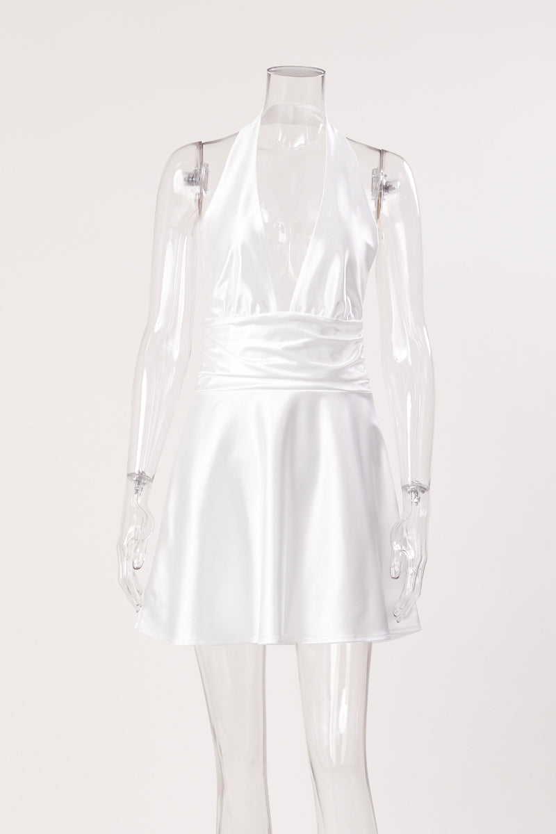 Sexy non-stretch solid color satin deep v halter-neck mini dress