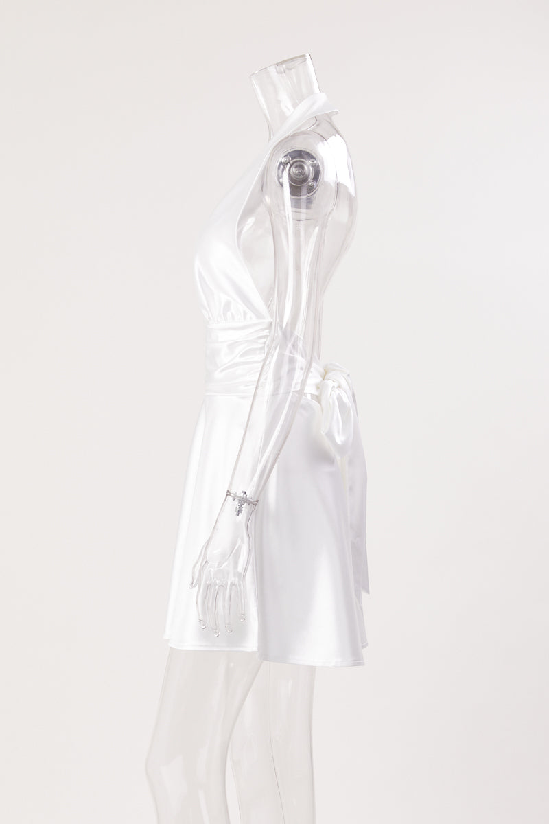 Sexy non-stretch solid color satin deep v halter-neck mini dress