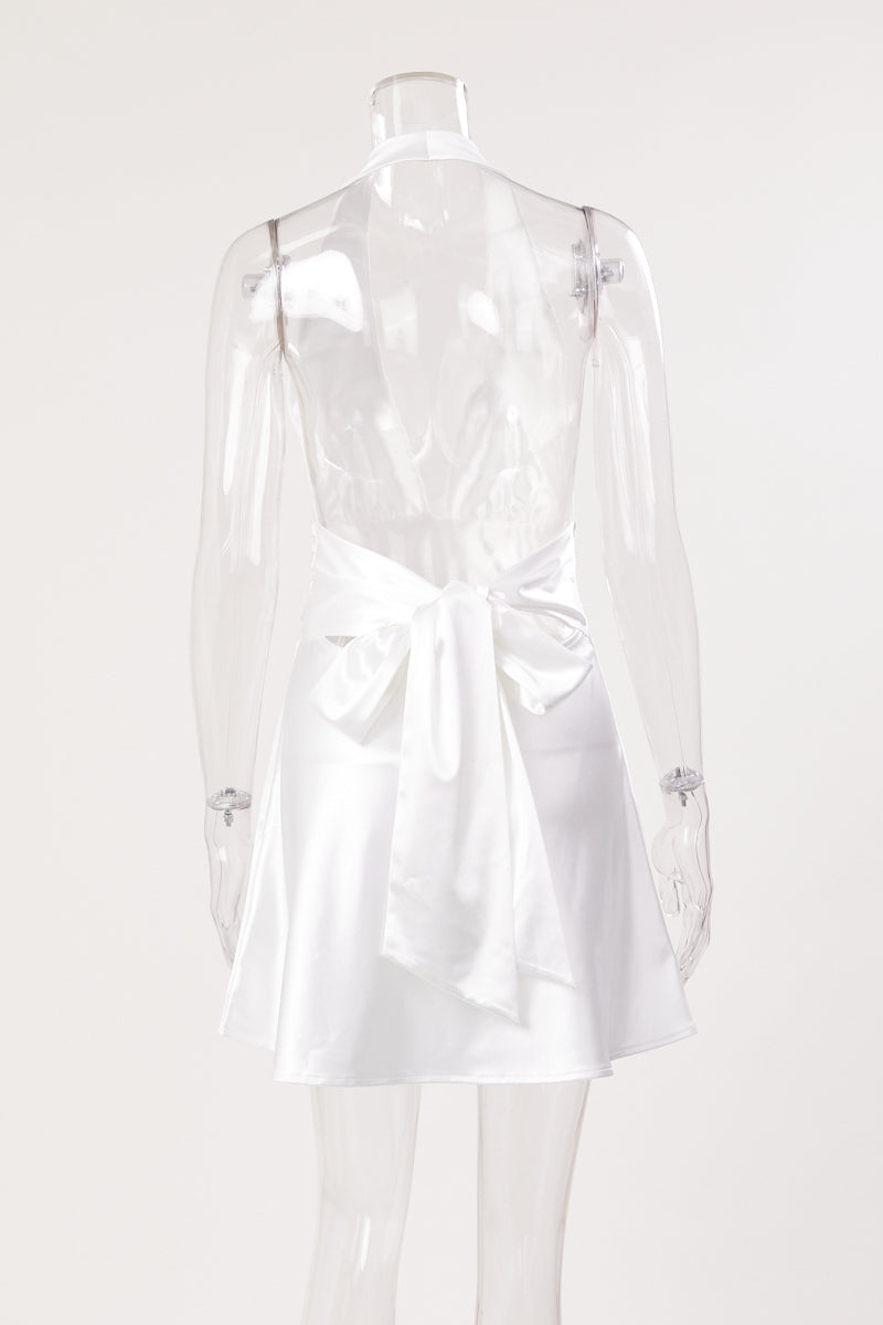 Sexy non-stretch solid color satin deep v halter-neck mini dress