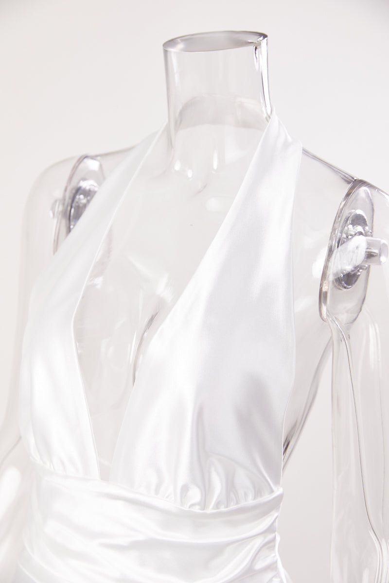 Sexy non-stretch solid color satin deep v halter-neck mini dress