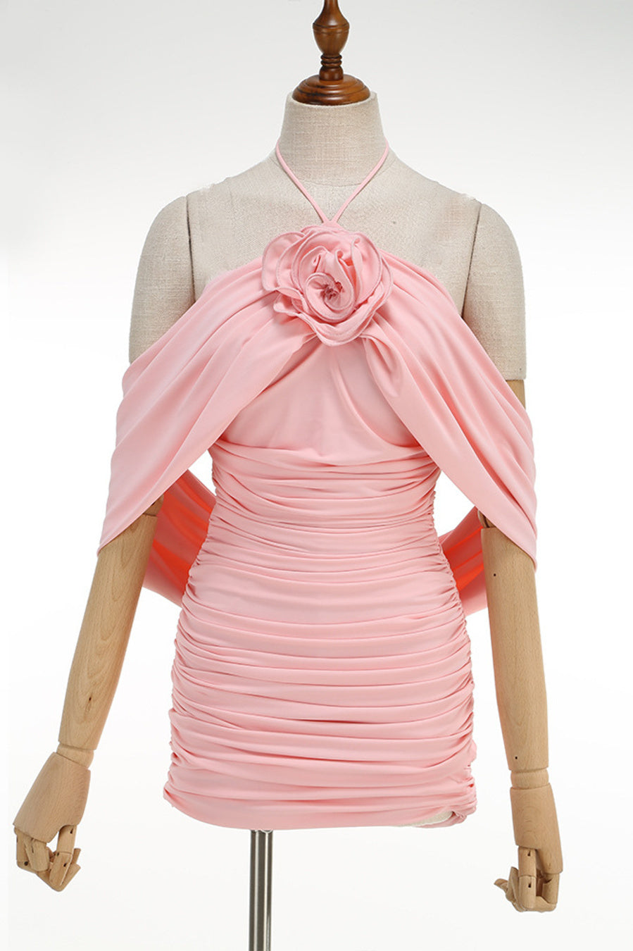 Elegant slight stretch solid color pleated tight halter neck mini dress