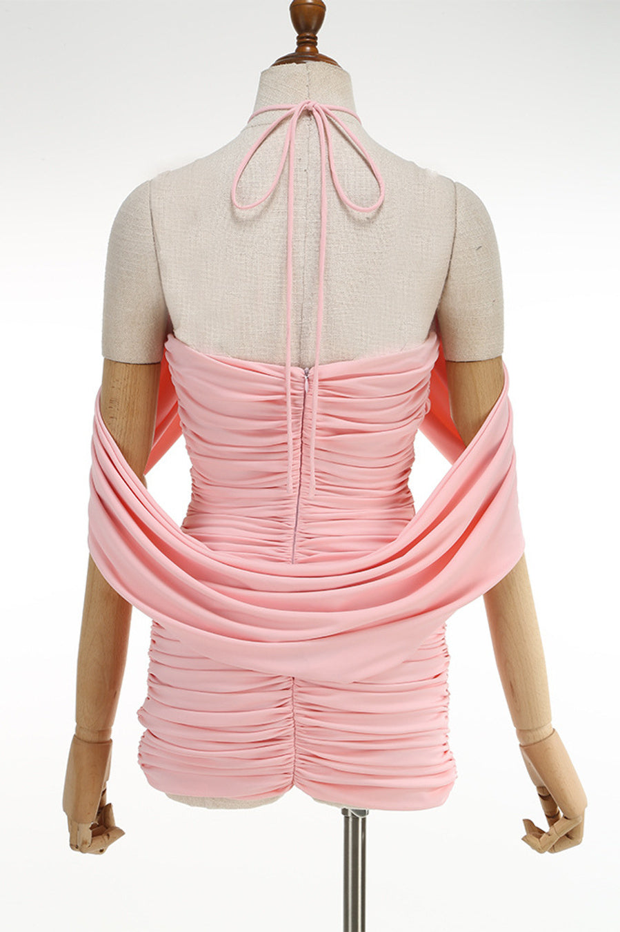 Elegant slight stretch solid color pleated tight halter neck mini dress