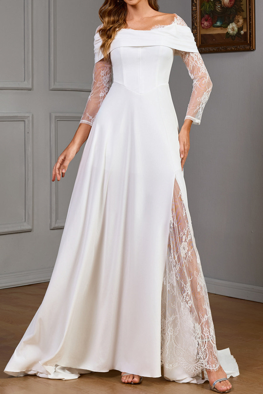 Elegant slight stretch patchwork lace slit off the shoulder maxi dress