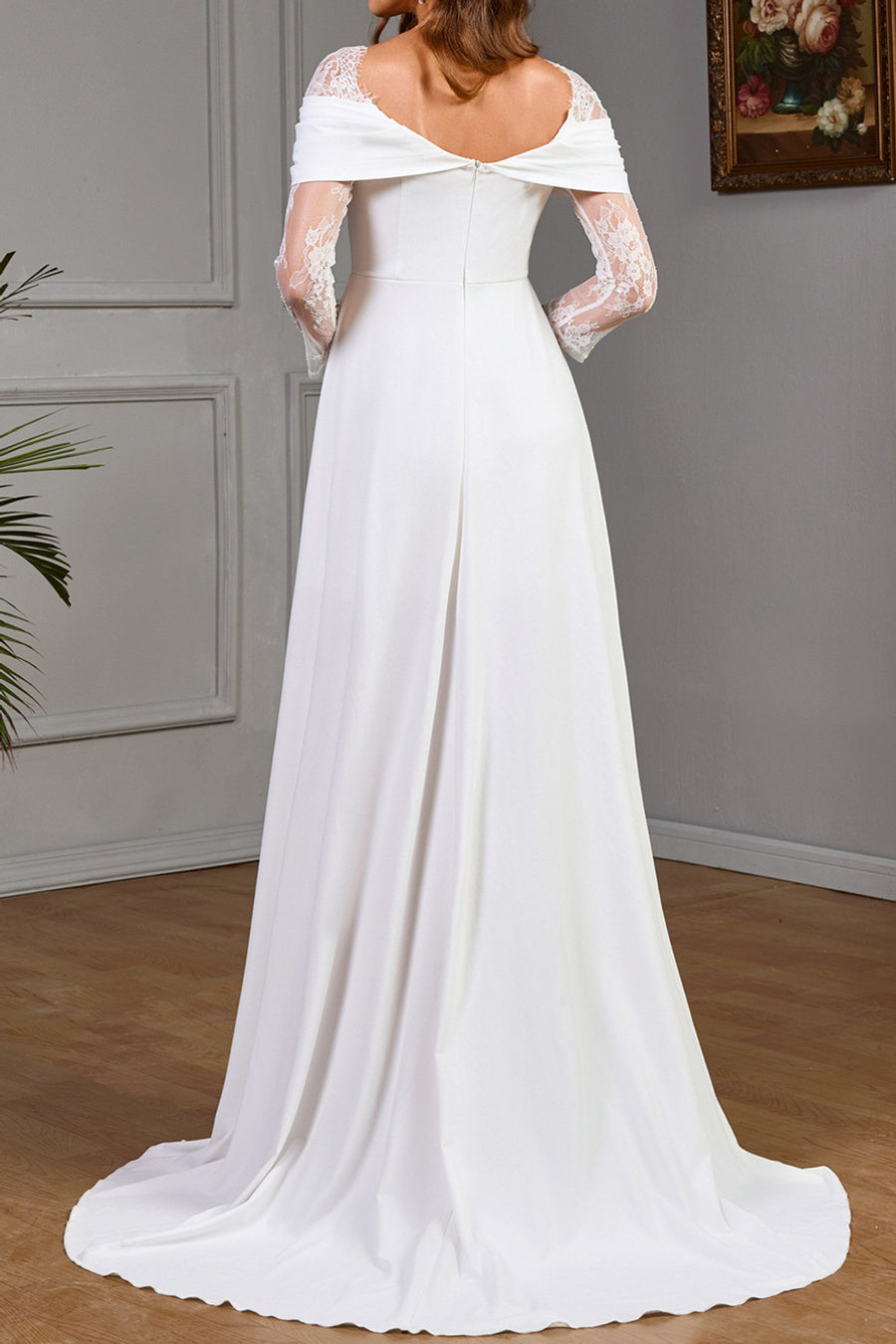 Elegant slight stretch patchwork lace slit off the shoulder maxi dress