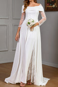 Elegant slight stretch patchwork lace slit off the shoulder maxi dress