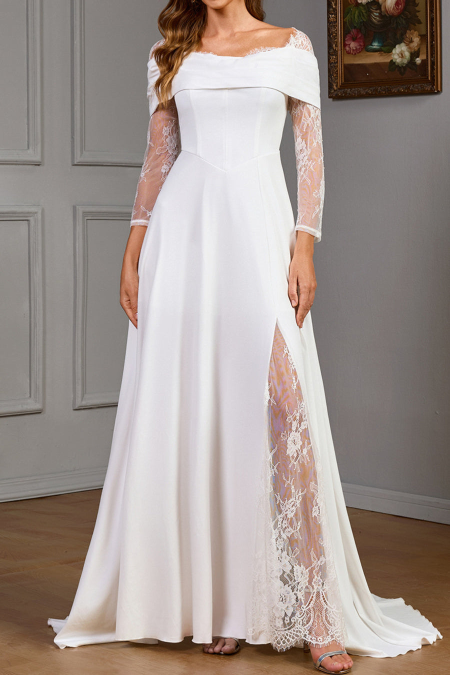 Elegant slight stretch patchwork lace slit off the shoulder maxi dress