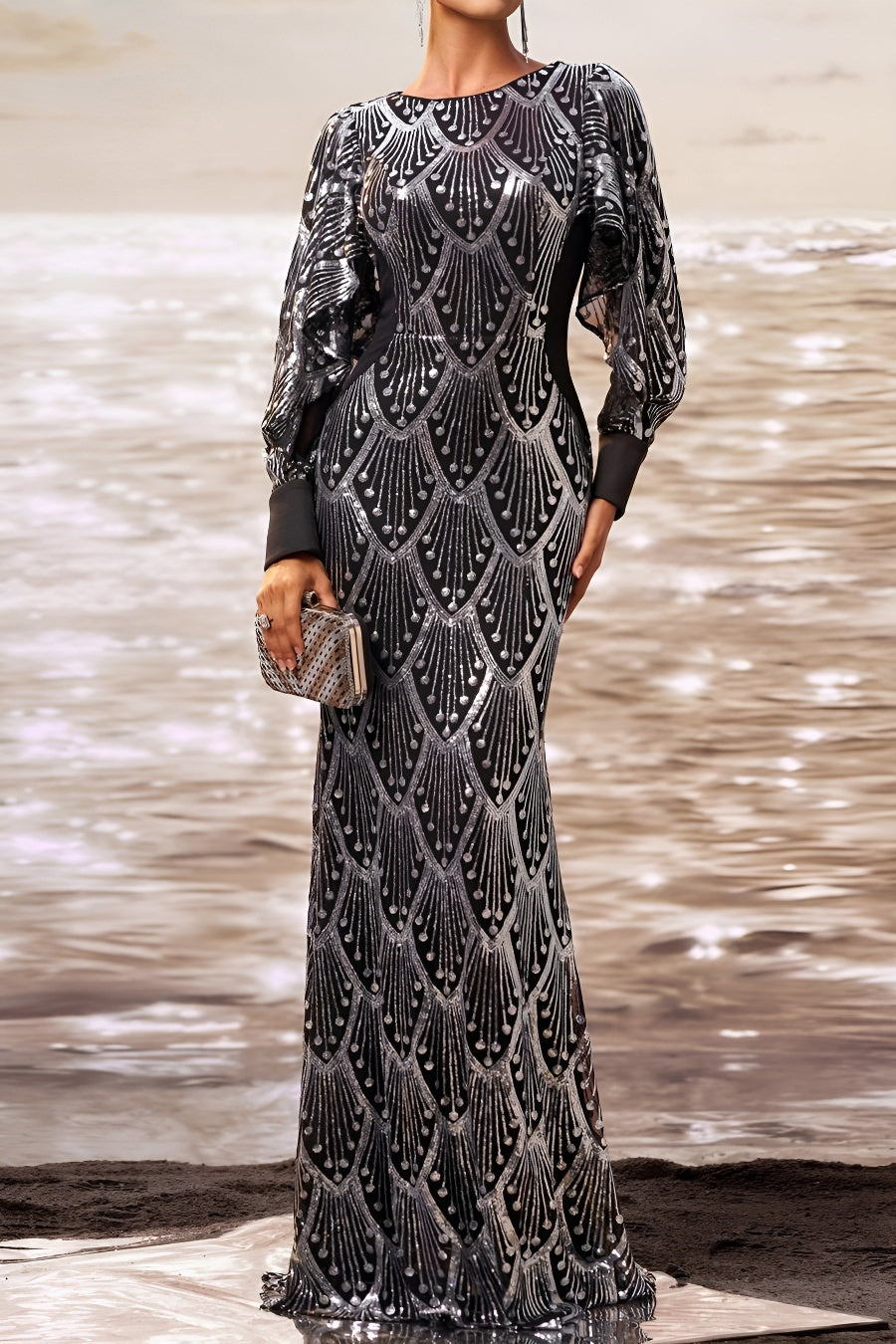 Elegant slight stretch sequin decor padded puff-sleeve mermaid maxi dress