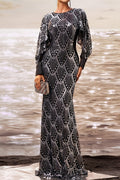Elegant slight stretch sequin decor padded puff-sleeve mermaid maxi dress