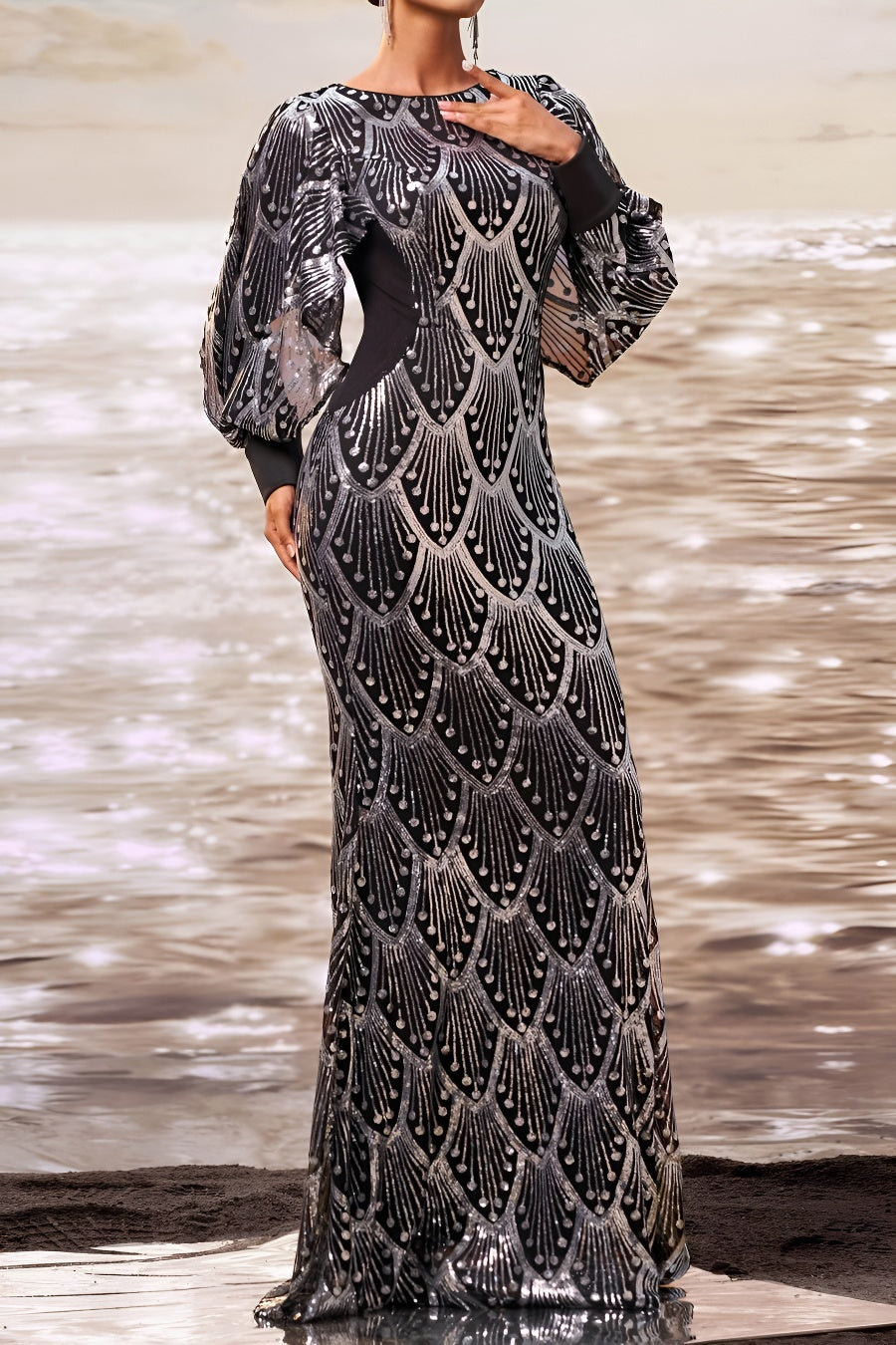 Elegant slight stretch sequin decor padded puff-sleeve mermaid maxi dress