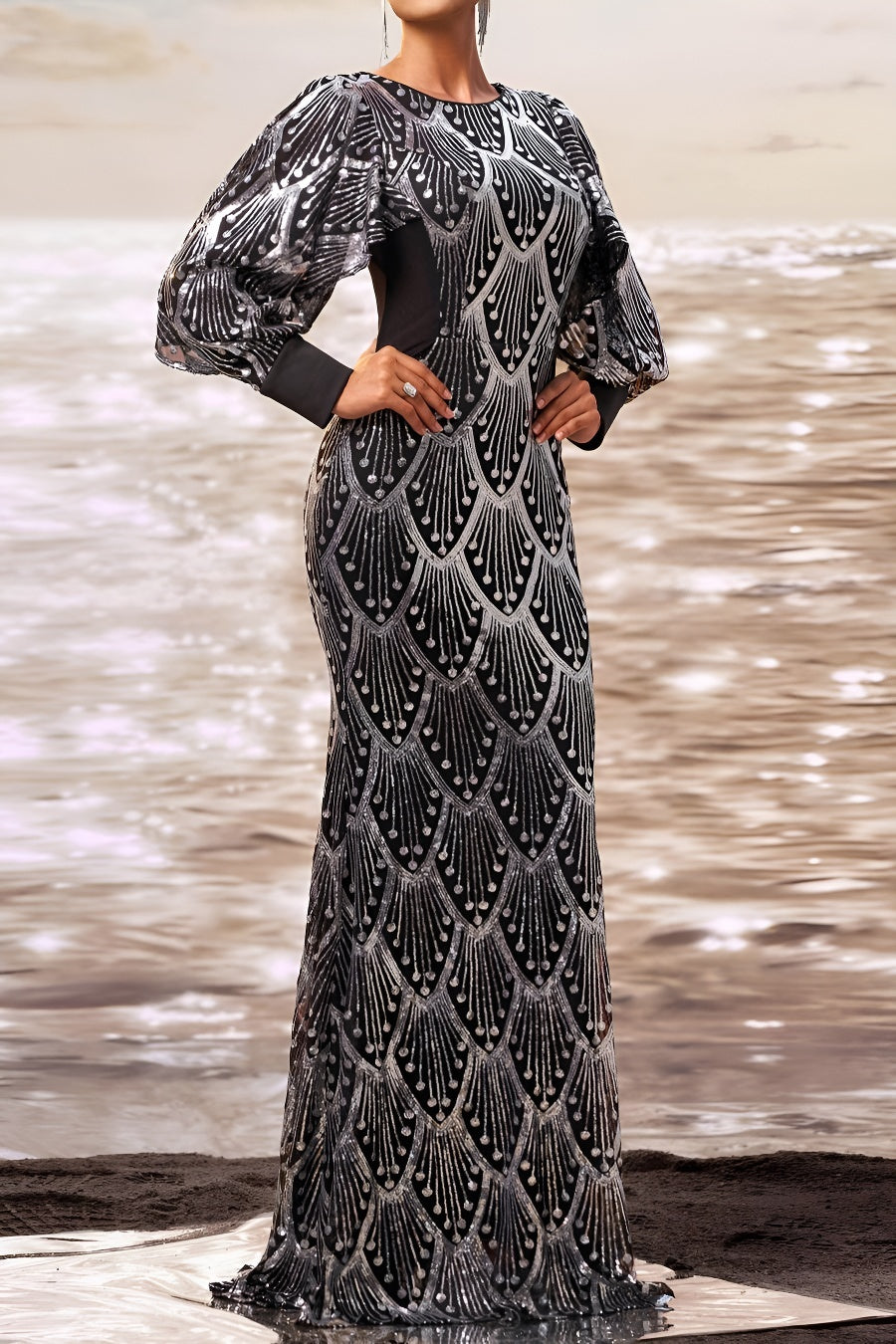 Elegant slight stretch sequin decor padded puff-sleeve mermaid maxi dress
