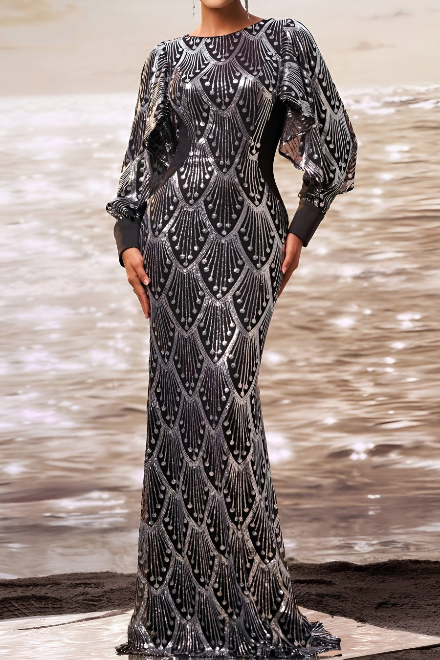 Elegant slight stretch sequin decor padded puff-sleeve mermaid maxi dress