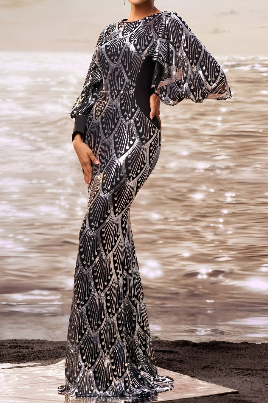 Elegant slight stretch sequin decor padded puff-sleeve mermaid maxi dress