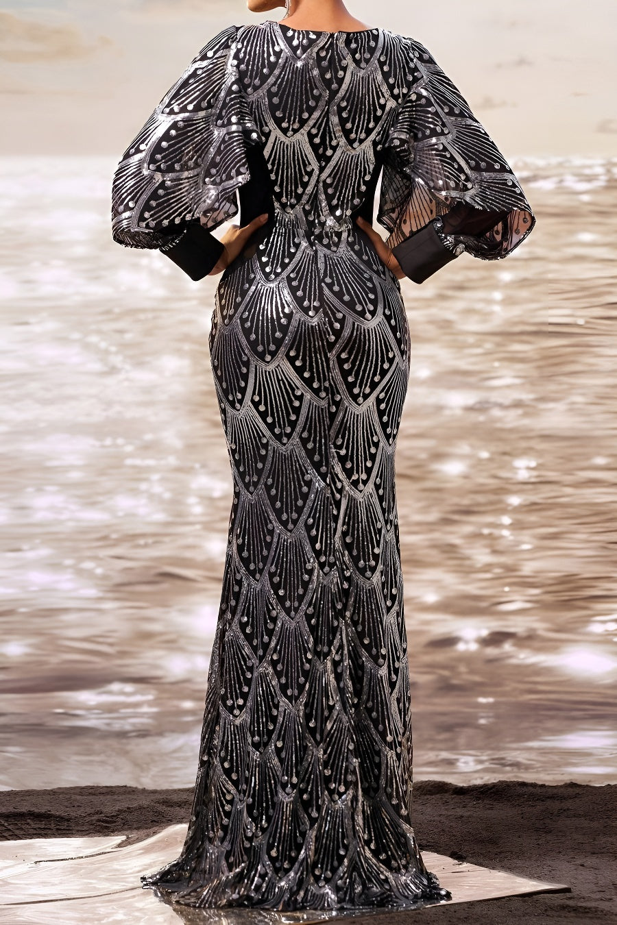 Elegant slight stretch sequin decor padded puff-sleeve mermaid maxi dress