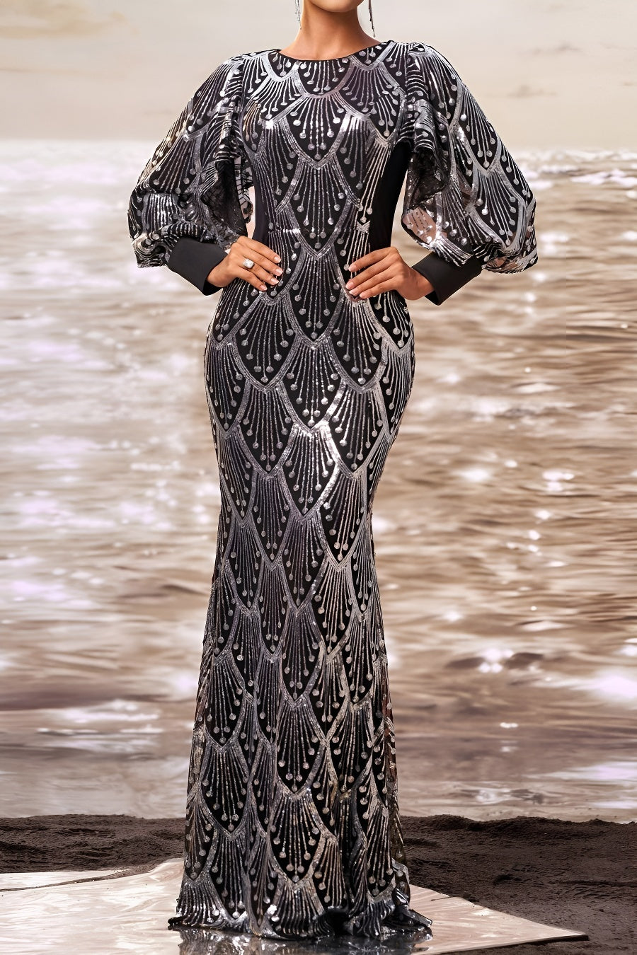 Elegant slight stretch sequin decor padded puff-sleeve mermaid maxi dress