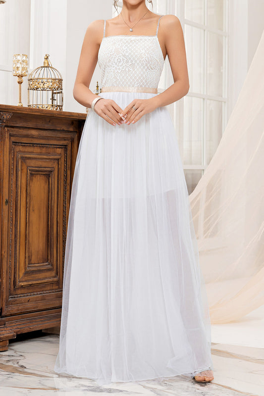 Elegant non-stretch sling lace mesh stitching maxi dress