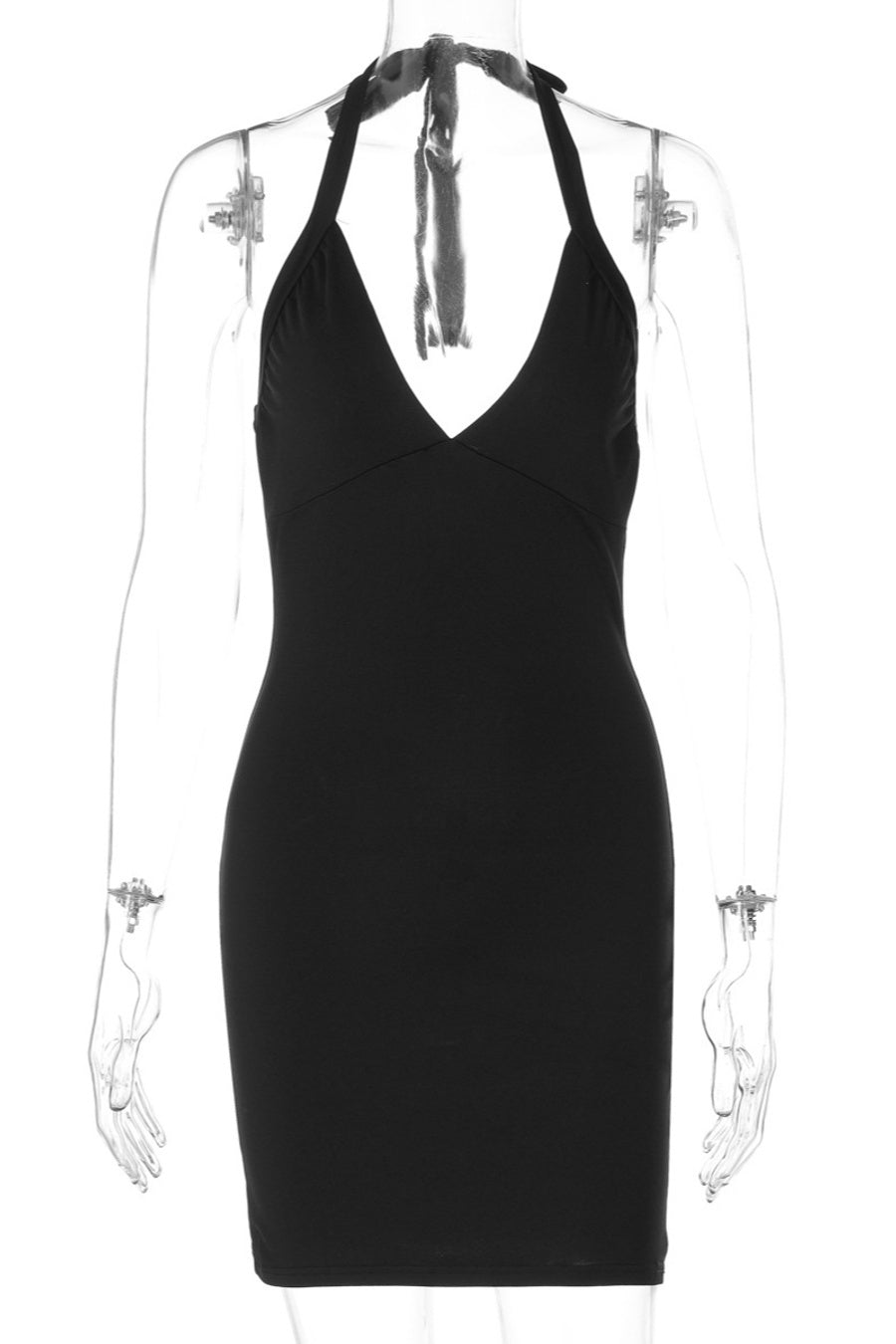 Sexy slight stretch halter-neck solid color v-neck slim mini dress