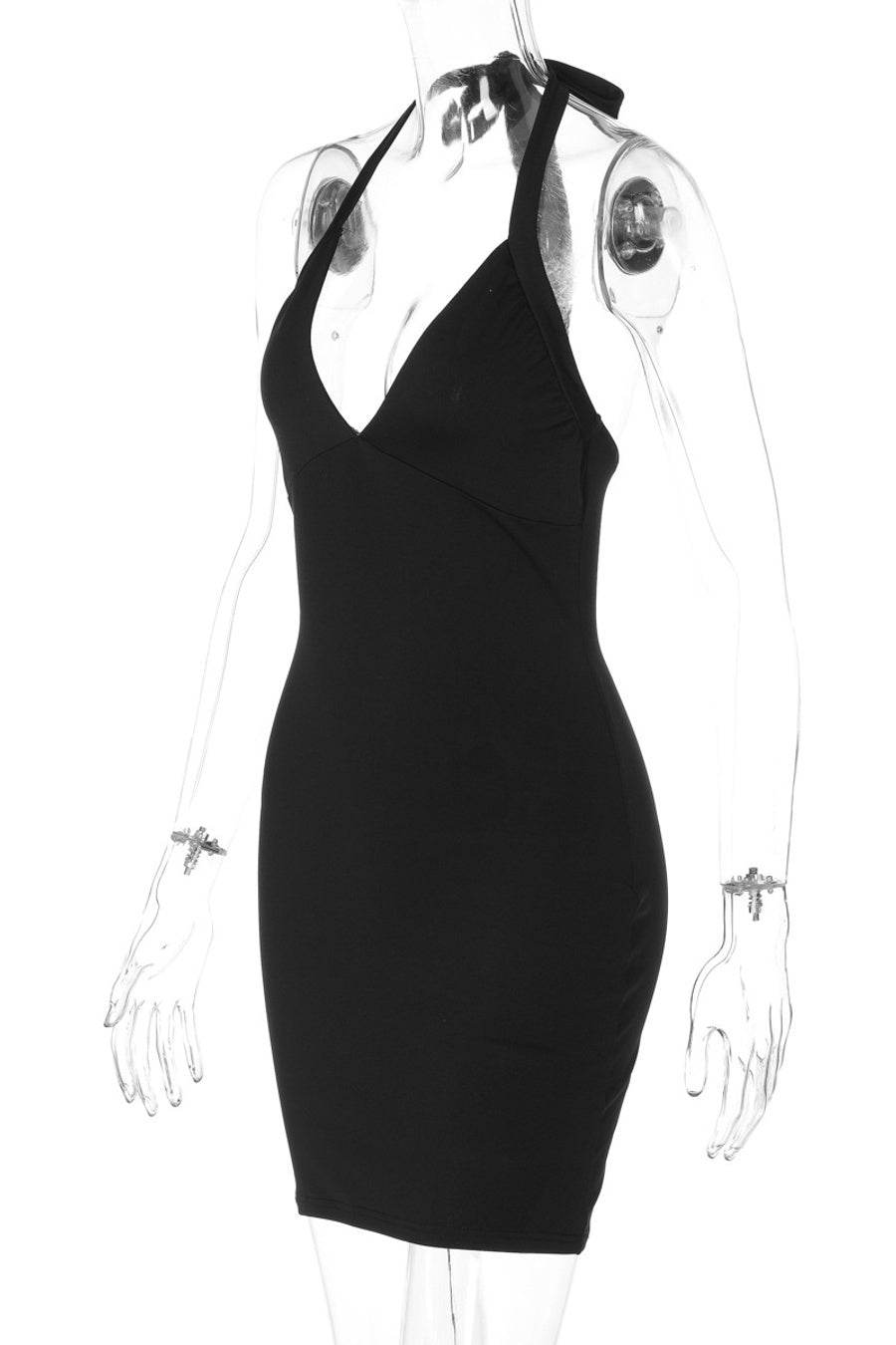 Sexy slight stretch halter-neck solid color v-neck slim mini dress