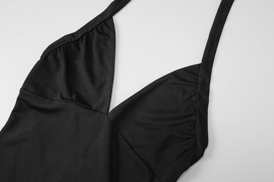 Sexy slight stretch halter-neck solid color v-neck slim mini dress