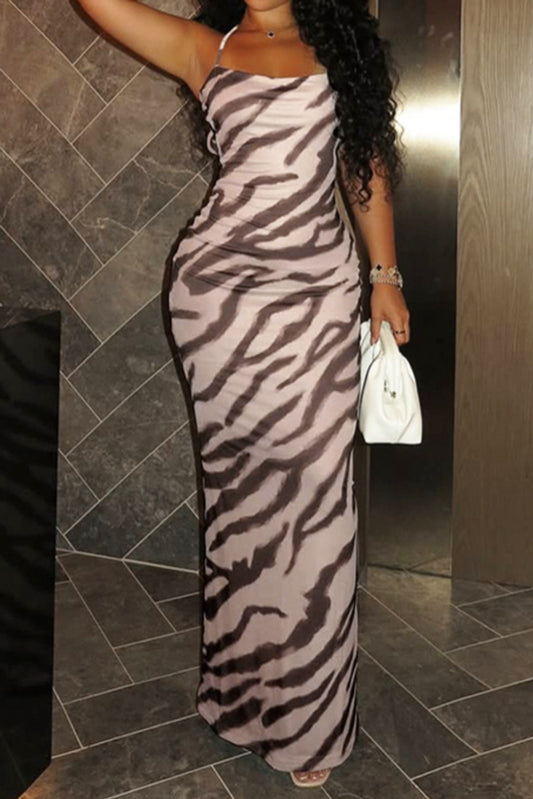 Sexy slight stretch zebra printing halter-neck maxi dress