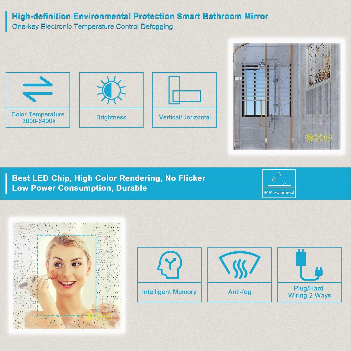 SmartGlow Dimmable LED Frameless Anti-Fog Bathroom Vanity Mirror