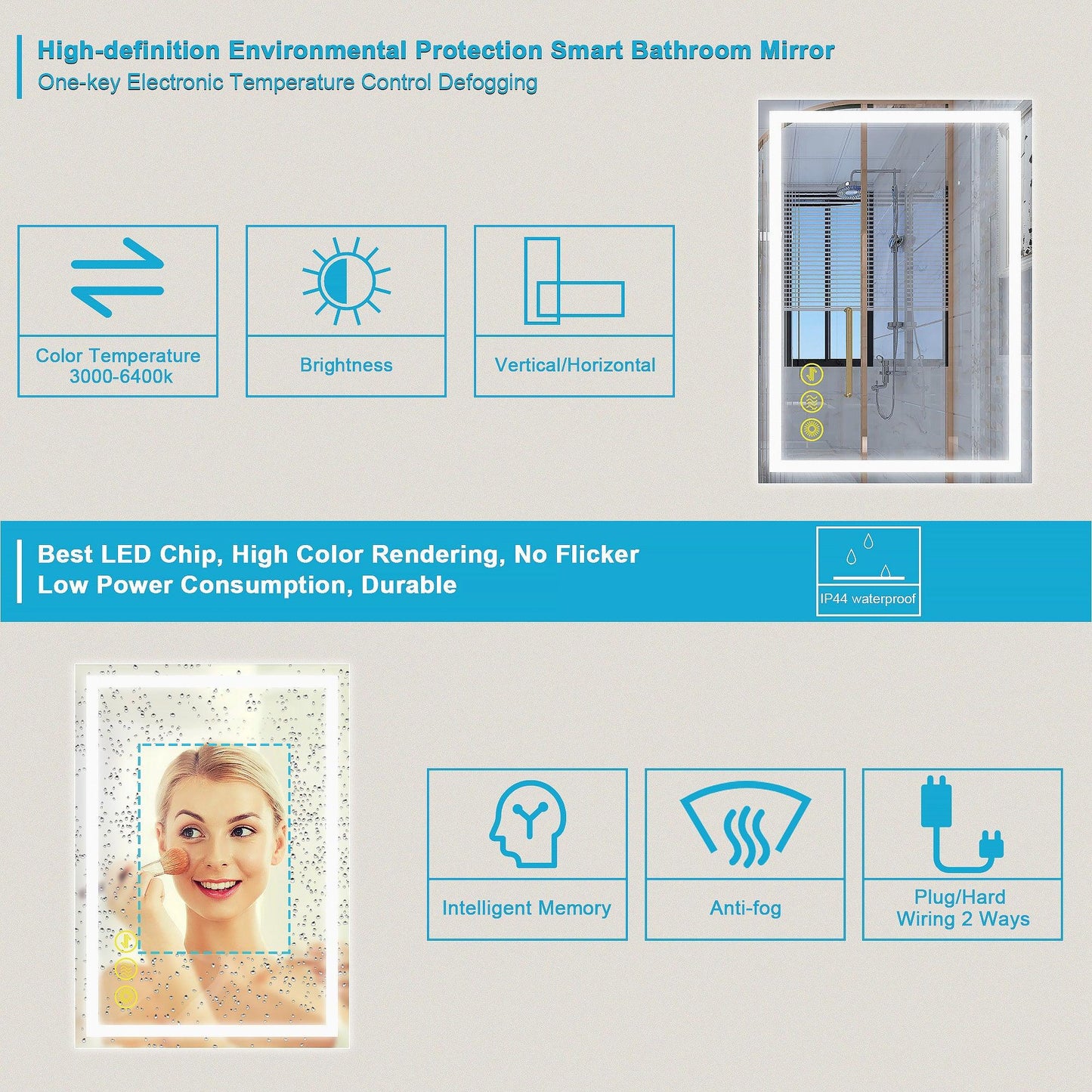 GlareGuard Anti-Fog Bathroom Led Mirror Backlit Illuminated Mirror Touch Switch Dimmable