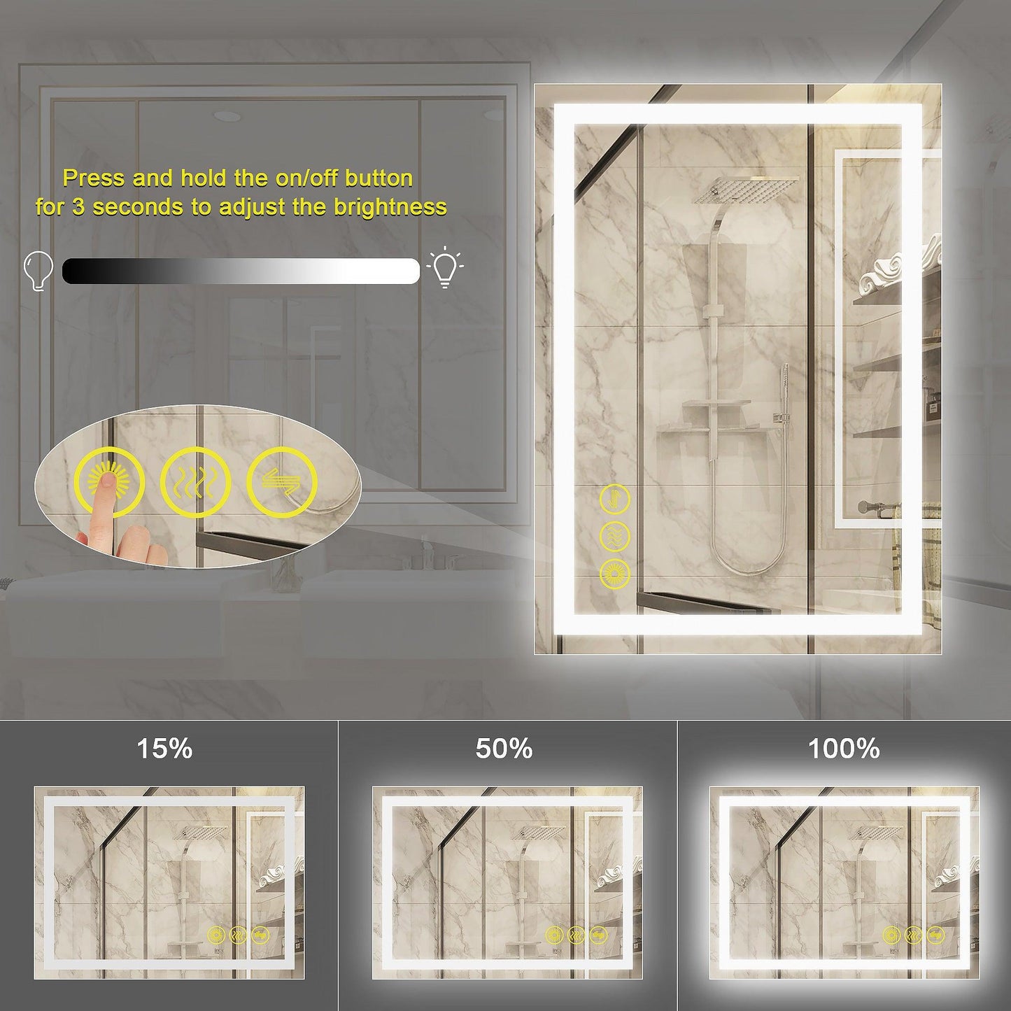 GlareGuard Anti-Fog Bathroom Led Mirror Backlit Illuminated Mirror Touch Switch Dimmable