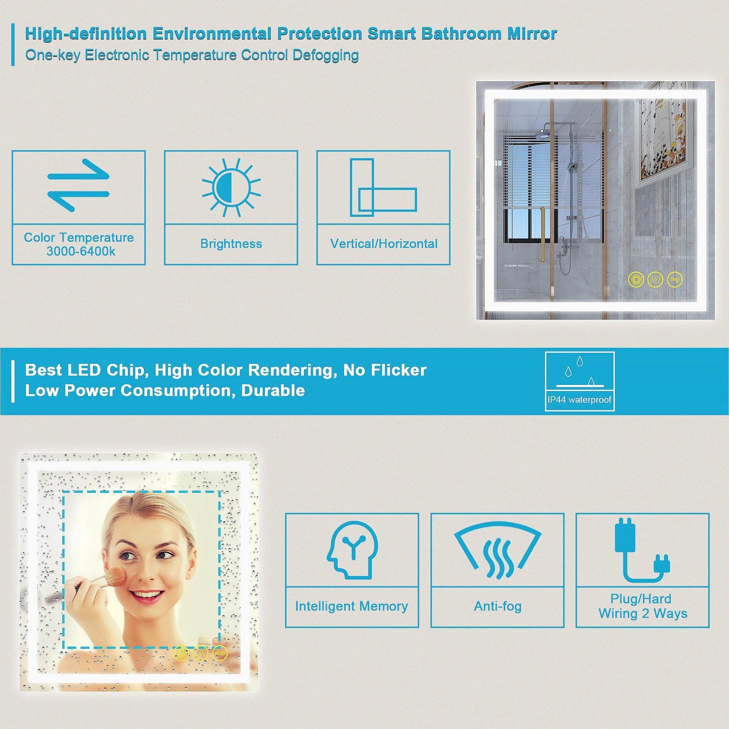 GlareGuard Anti-Fog Bathroom Led Mirror Backlit Illuminated Mirror Touch Switch Dimmable