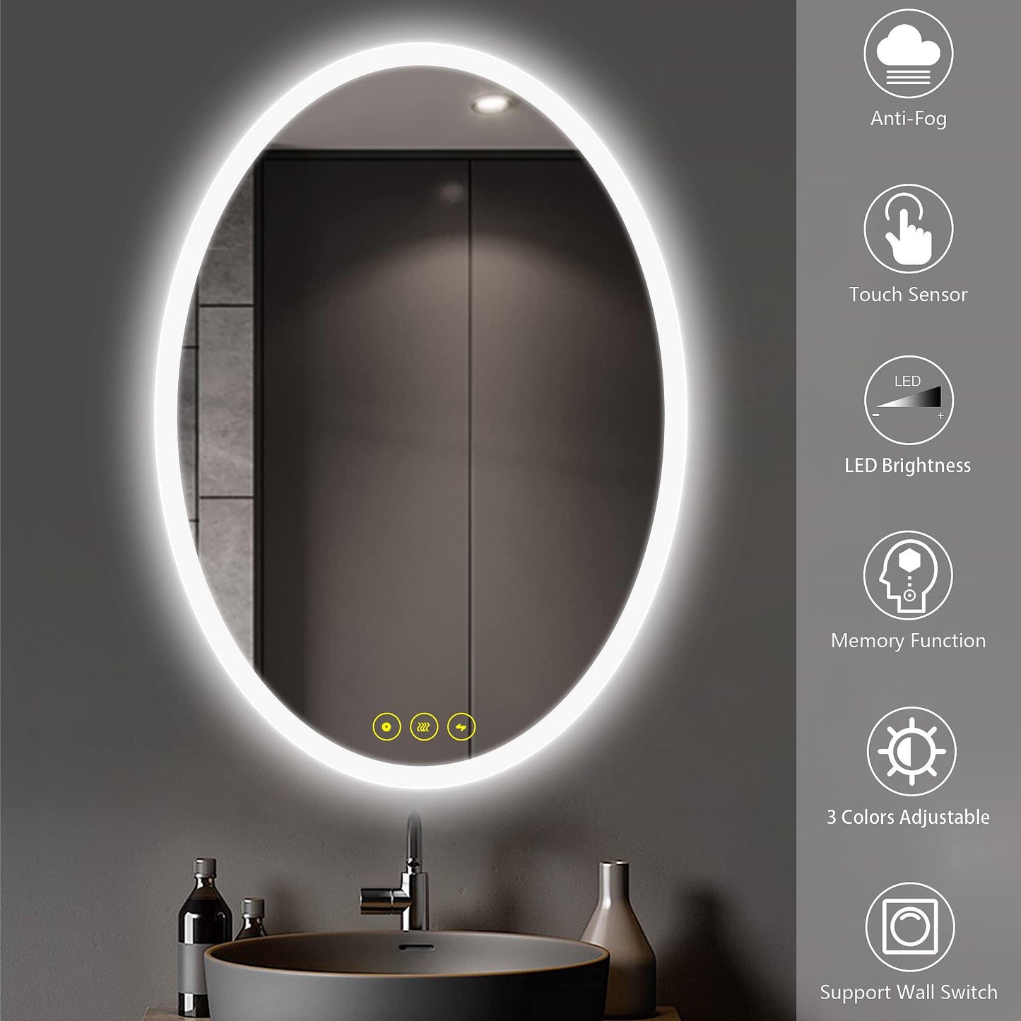 LuminaMirror Oval Frameless LED Anti-Fog Dimmable Bathroom Vanity Mirror