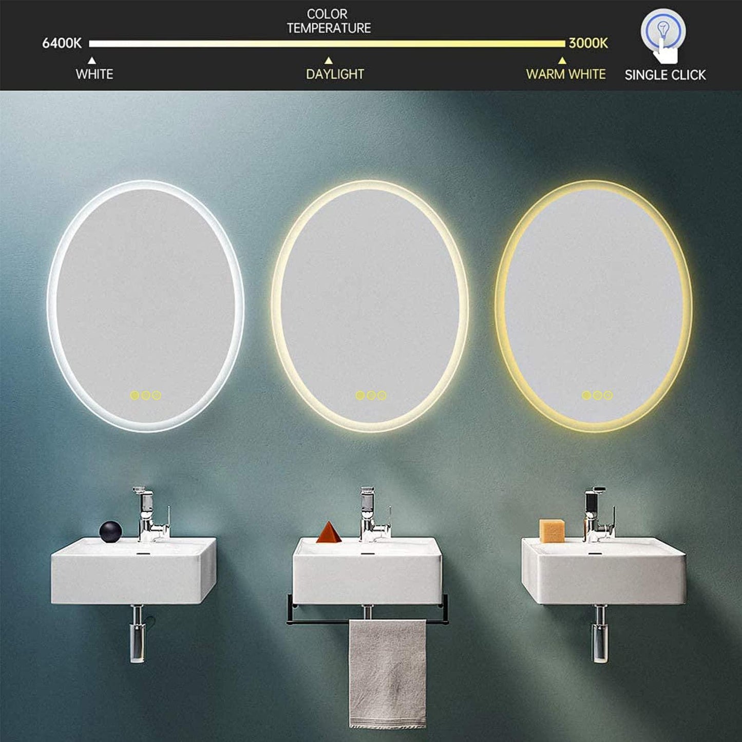 LuminaMirror Oval Frameless LED Anti-Fog Dimmable Bathroom Vanity Mirror
