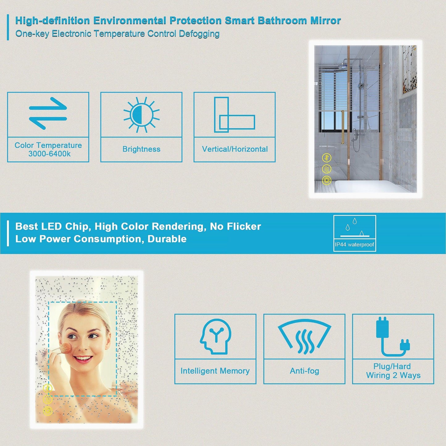 SmartGlow Dimmable LED Frameless Anti-Fog Bathroom Vanity Mirror