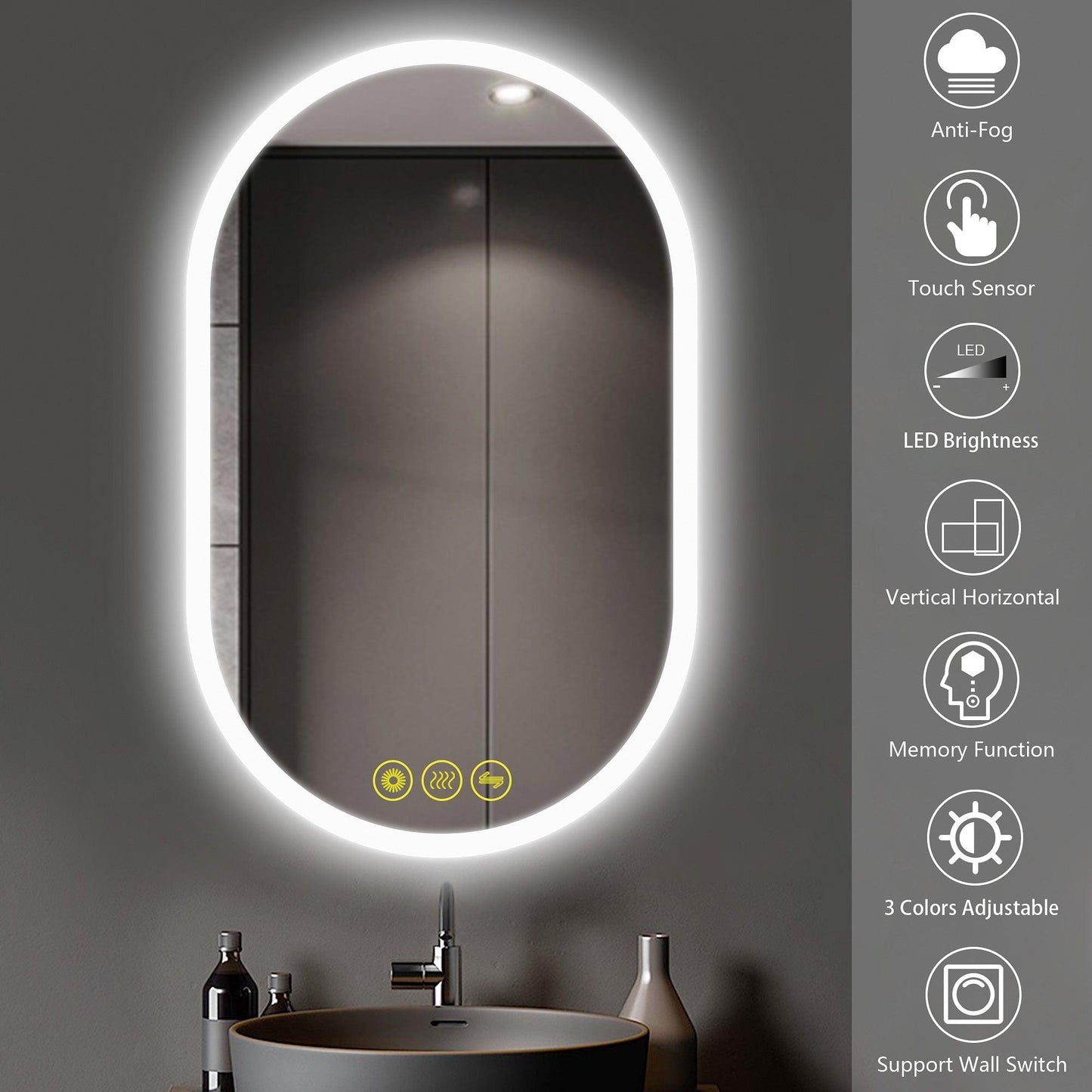 BrightView Oval Frameless LED Anti-Fog Dimmable Bathroom Vanity Mirror