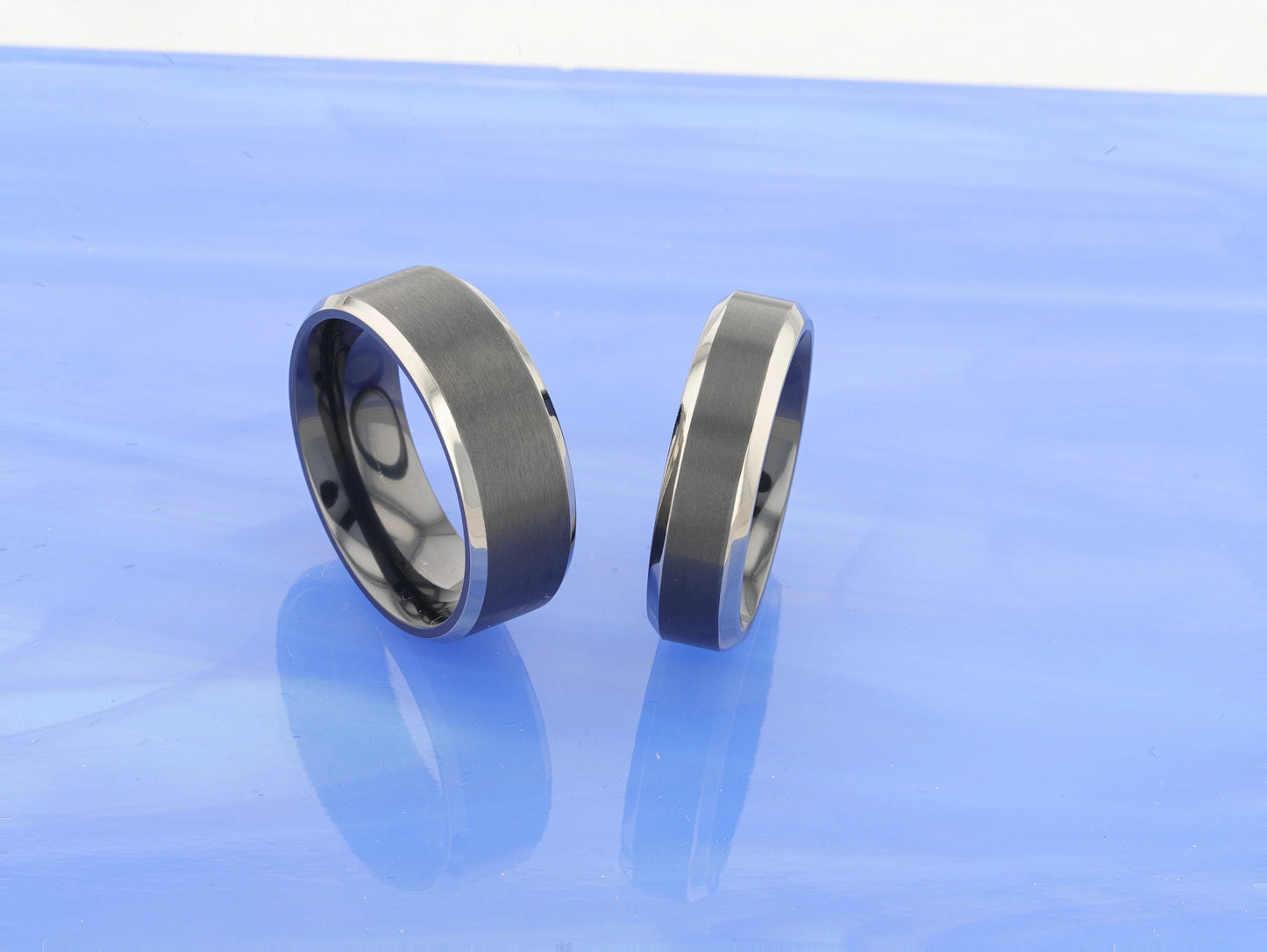 ATNOS Men’s Black Titanium Wedding Ring with Brushed Center and Polished Beveled Edges — 6mm & 8mm