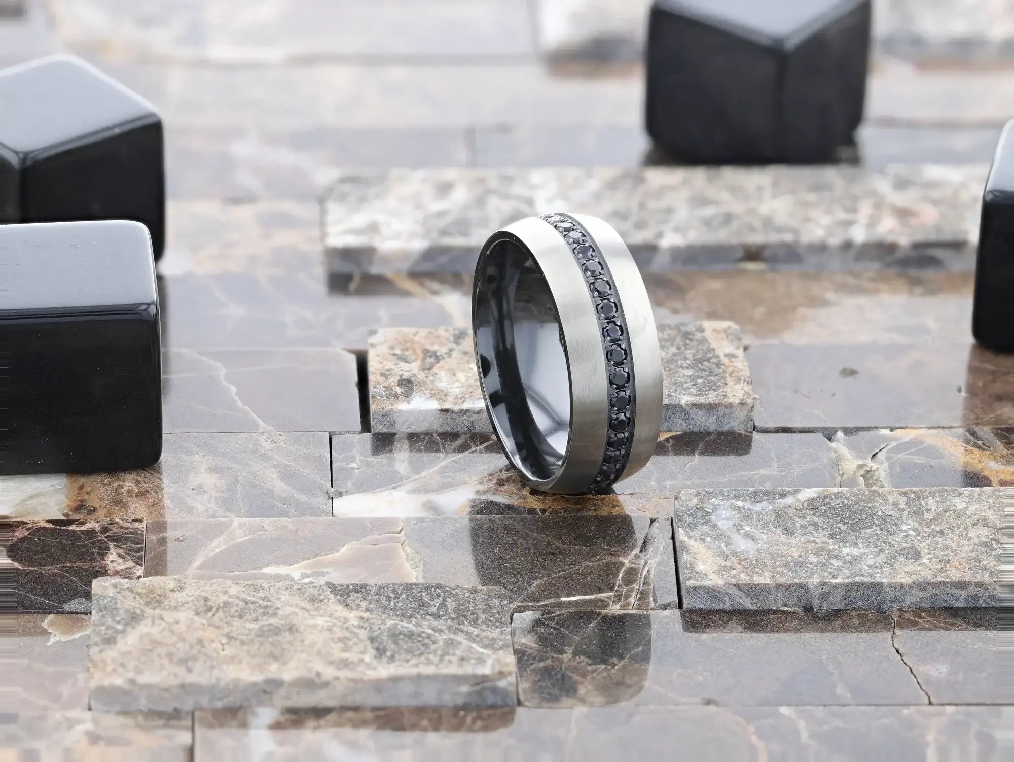 AVIATOR Domed Brushed Titanium Men's Wedding Band with Black Sapphire Stones Inlay - 8mm
