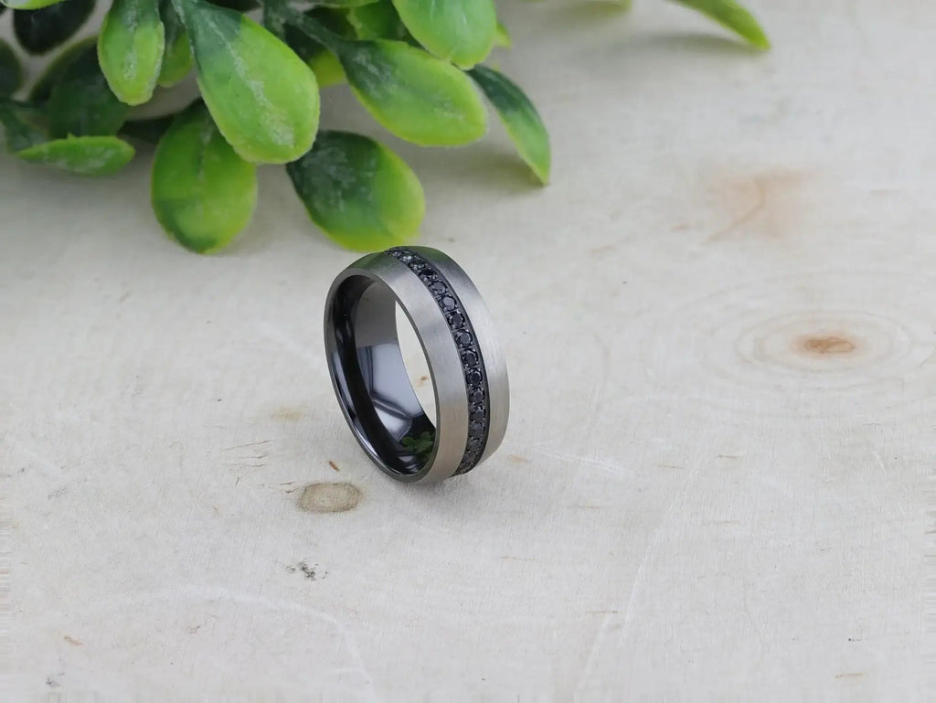 AVIATOR Domed Brushed Titanium Men's Wedding Band with Black Sapphire Stones Inlay - 8mm