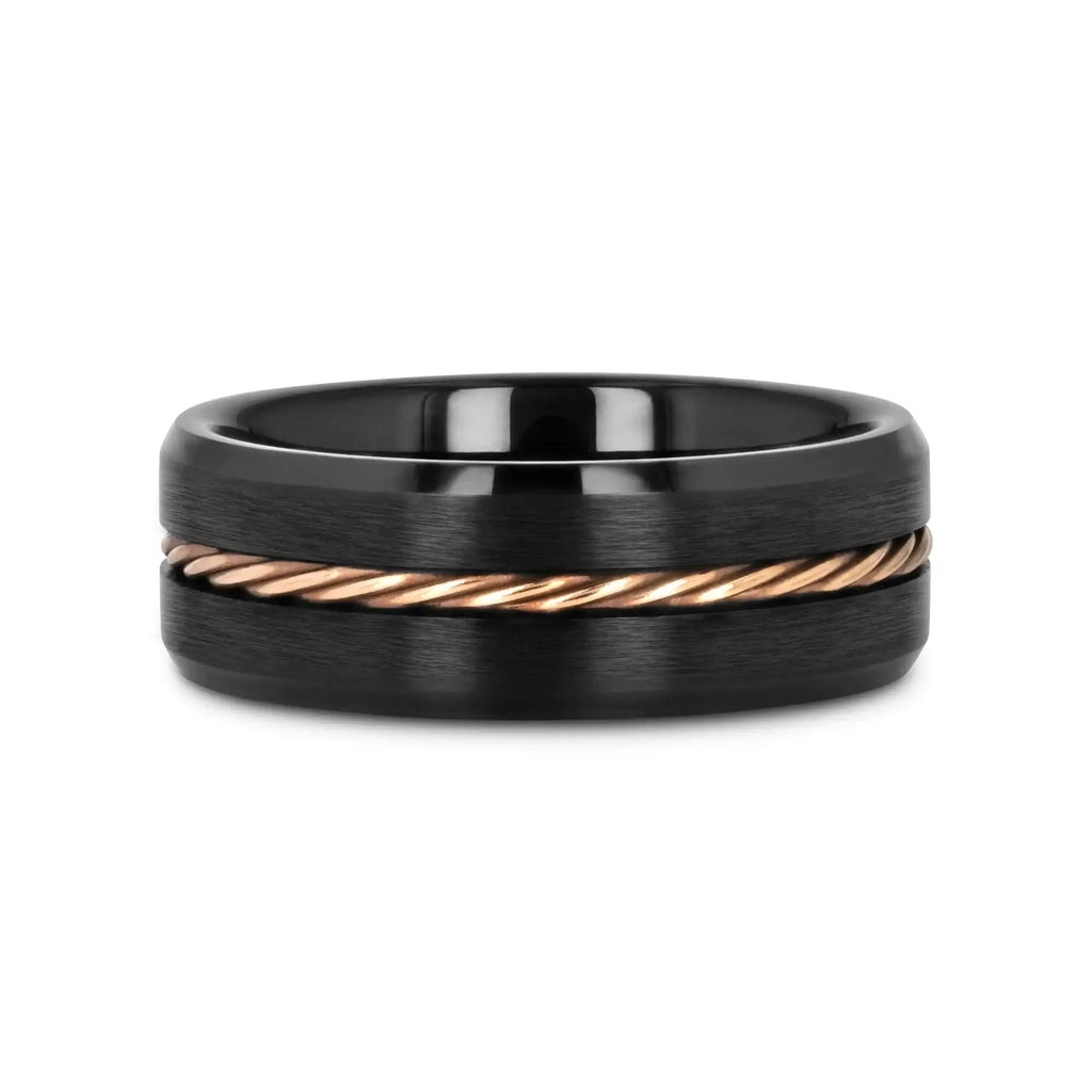 ADELARD Rose Gold Braided Cable Black Tungsten Men’s Wedding Band, Brushed Center with Polished Beveled Edges – 8mm