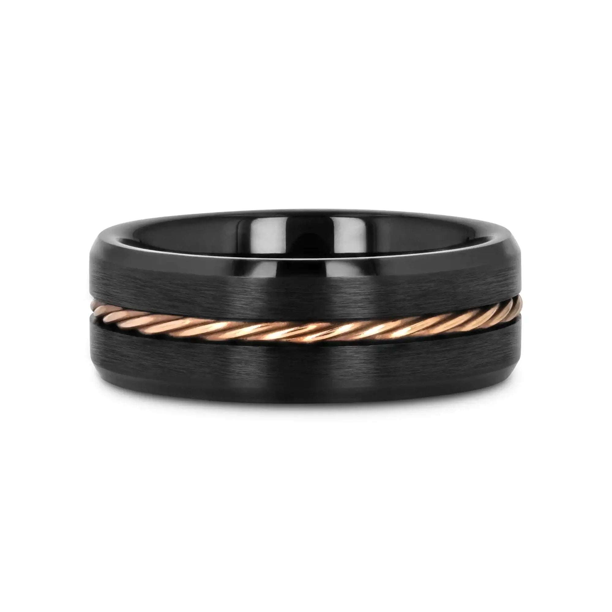 ADELARD Rose Gold Braided Cable Black Tungsten Men’s Wedding Band, Brushed Center with Polished Beveled Edges – 8mm