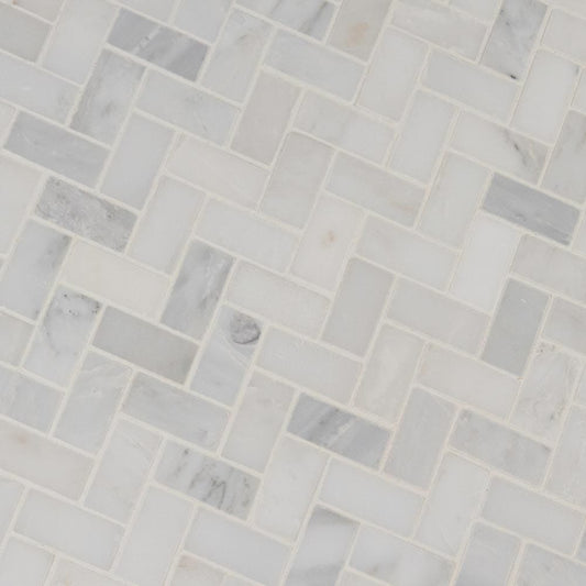 Arabescato Carrara Herringbone Pattern 11.63" x 11.63" Honed Marble Mesh-Mounted Mosaic Tile Pattern-MSI Collection